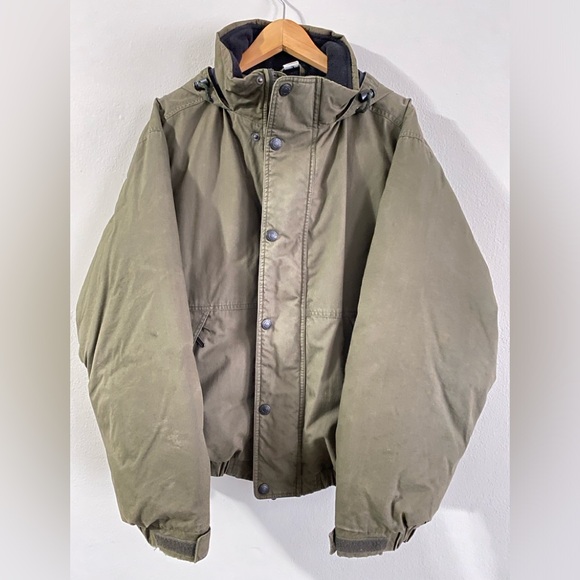 Eddie Bauer Men Goose down hooded Canvas Bomber Jacket fleece collar / Large - Picture 2 of 5